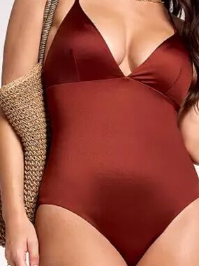 CALIA Women’s Copper Brown One-Piece Swimsuit - Sleek V-Neck in size 16